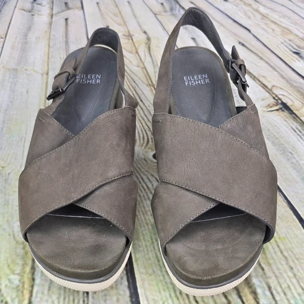 Eileen Fisher Wedge Sandals Womens Size 9 Gray Leather Slingback Platform Summer
